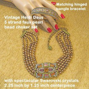 Heidi Daus 5 strand choker and bracelet, Faux pearl beads w/ Swarovski crystals